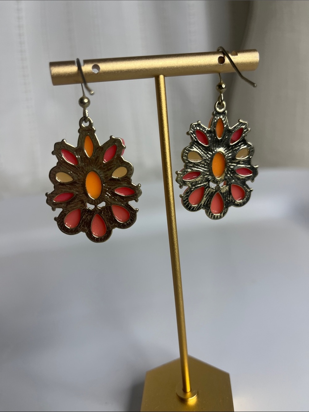 Gold-Tone Floral Drop Earrings in Pink & Orange - Picture 2 of 5
